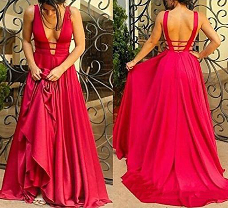 

New Arrival Women's Deep V Neck Satin Prom Dresses Long Sexy Backless Prom Party Gowns Sleeveless Red Carpet Dress Celebrity Dress, Lavender
