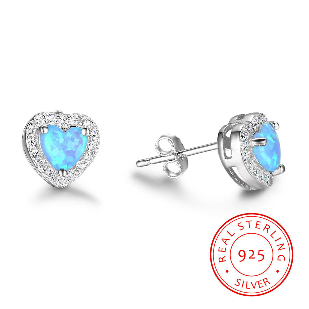 

real 925 sterling silver charm Simple Design Heart blue fire opal stone earrings women Jewelry Cute Stud Earring, Golden