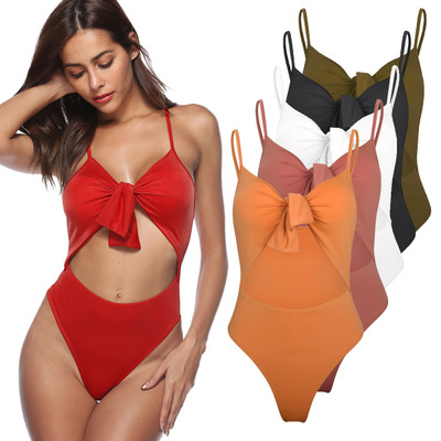 

Womens Sexy Bikini One Piece Solid Swimsuits New Design Bow Push Up Hollow Out Bathing Swimwear For Summer Holiday, Black
