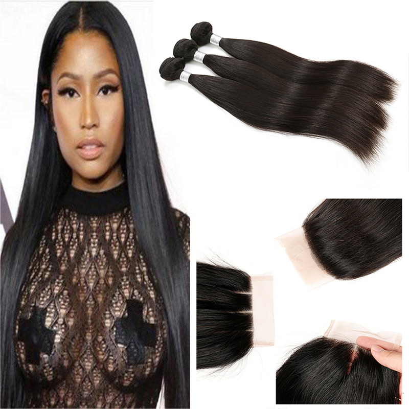 

9A Brazilian Virgin Hair 3 Bundles With 4x4 Lace Closure 100% Human Hair Weave Bundles With Closure Extensions Natural Black Color