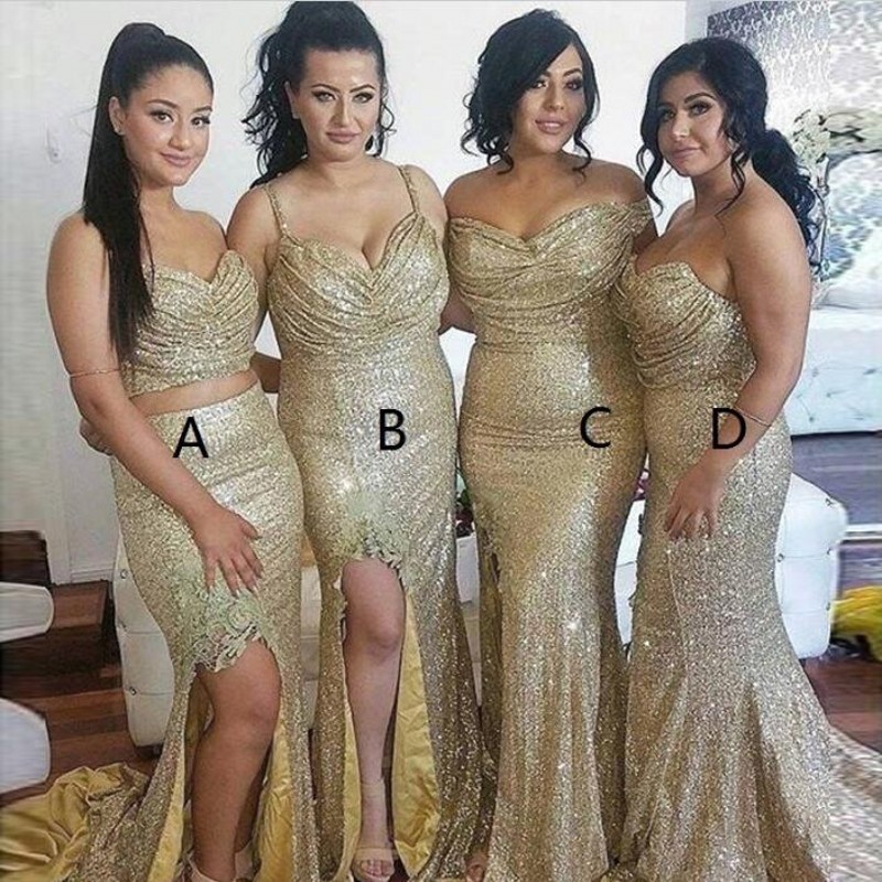 Two Piece Bridesmaid Dresses Draped Back Sequins Mermaid Long Bridesmaids Dress Sexy Plus Size Sparkly Prom Dresses