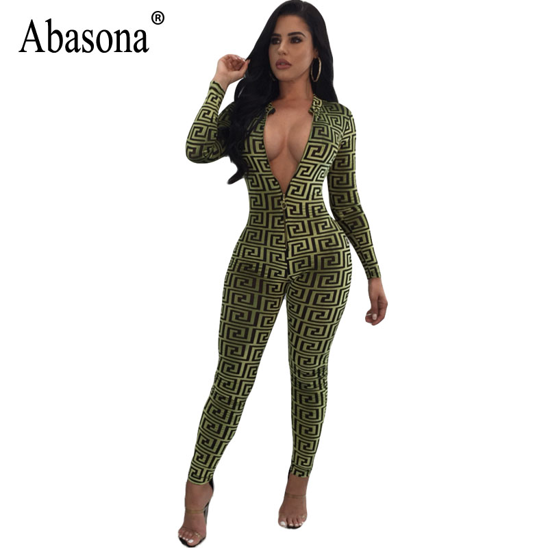 

Abasona Women Jumpsuits Vintage Printed Long Sleeve Overalls Autumn Skinny Long Pants Front Zipper Club Rompers Womens Jumpsuit, Multi