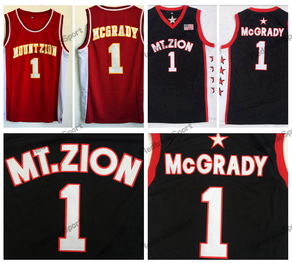 

Mens Vintage Tracy McGrady #1 T-MAC High School Basketball Jerseys Home Red MT.Zion Mount Zion Christian Black Stitched Shirts