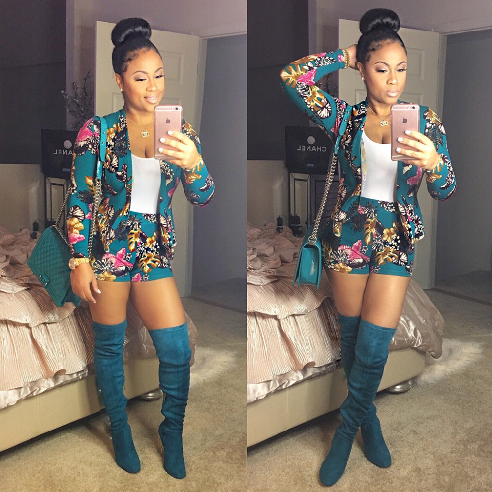 

Women two pieces suit Spring Autumn long sleeve print Western outfits elastic waist shorts girls suit sets, Green