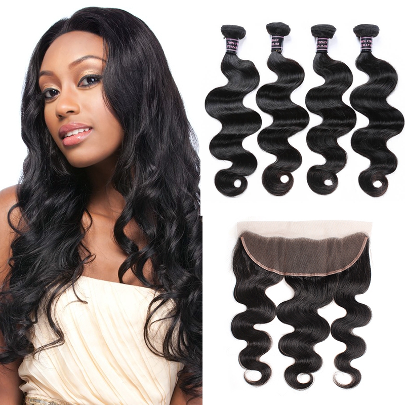 

Ishow Hair Brazilian Body wave Human Hair Bundles with Closure 4pcs With 13x2.5 Ear to Ear Lace Frontal Closure Weaves, Natural color