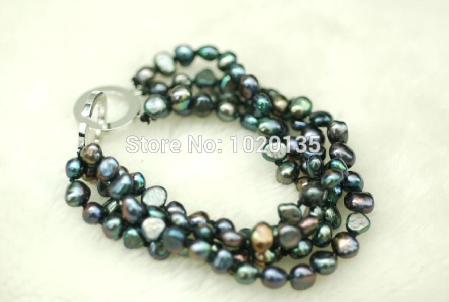 4 rangées de perles d'eau douce noires baroques 6-7 mm bracelet 7,5 pouces perles en gros nature