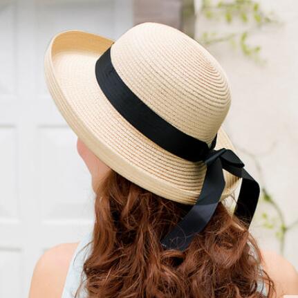 

Women's Straw Sun Hats with Bowknot Foldable Solid Hat for Holiday Travelling Sun Protection Wide Brim Hats Casual Style for Girls, Beige