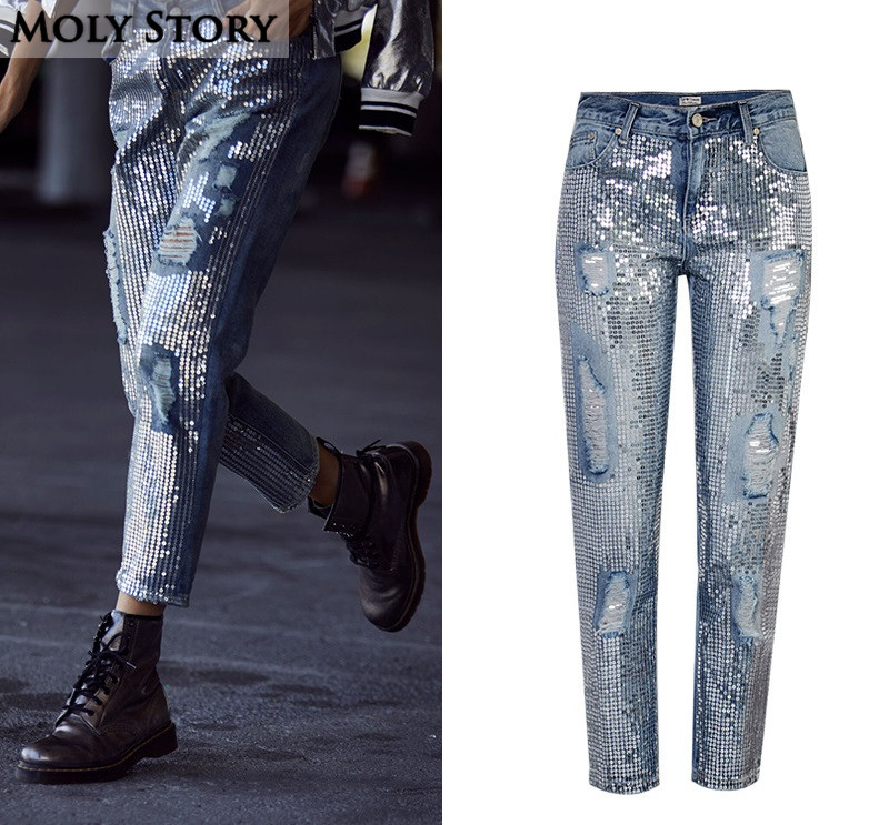 New Fashion Silver Sequin Straight Ripped Jeans Femmes Casual Ladies Jeans Bleu Clair Plus La Taille Pantalon En Denim