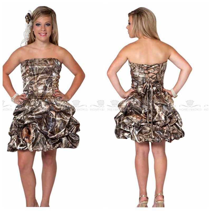 

2018 Strapless Bulrush Reed Camo Pleated Draped Short Mini Bridesmaid Dresses Lace Up Back Custom Made Honor Of Maid Satin Camouflage