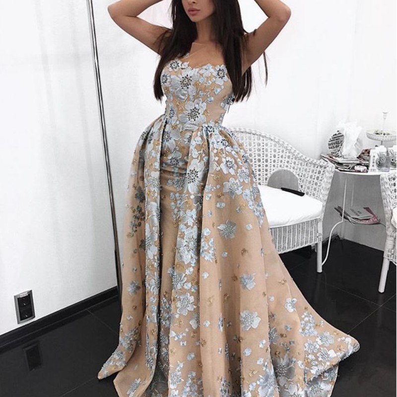 

Glamorous Mermaid Prom Dress With Overskirt Sheer Neckline Beads Dubai Party Dress Glamorous Sky-Blue Applique Champagne Tulle Evening Dress, Black