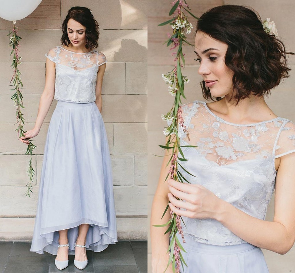

Silver Two Piece Prom Dresses Lace Chiffon High Low Party Dresses Tea Length Cap Sleeves Prom Dresses, Champagne