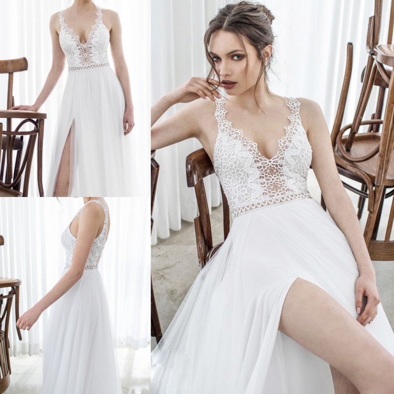 

Asaf Dadush 2018 Beach Side Split Boho Wedding Dresses Backless Lace Appliqued Bohemia Bridal Gowns A Line Chiffon Wedding Dress, Black