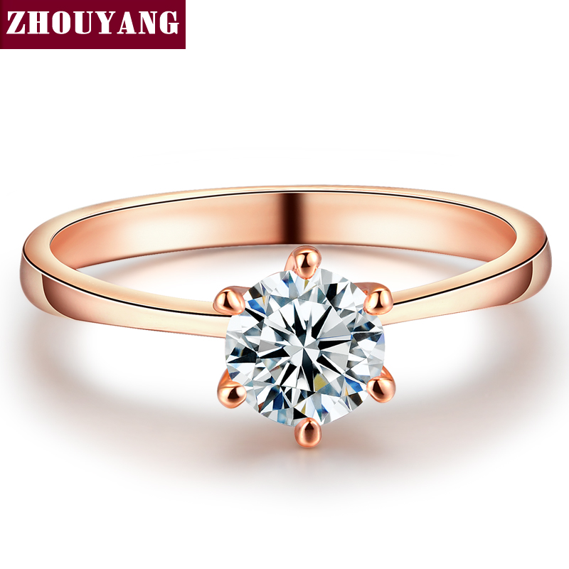 

ZYR014 Real Rose Gold Color Six Claw Cubic Zirconia Round Cut 1 6mm Wedding Ring Austrian Crystals Wholesale For Women