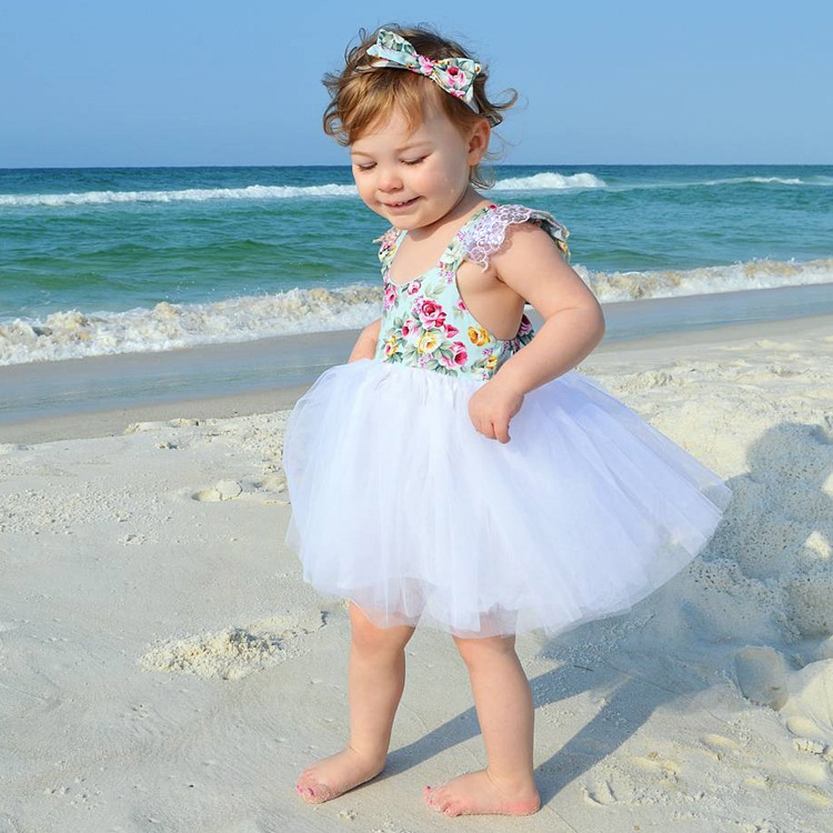 

Summer New Styles Girls Dress INS Baby Girl Broken Floral Princess Dresses Children Fashion Flower Lace Tutu Dress 2 Colors For1-4years, White