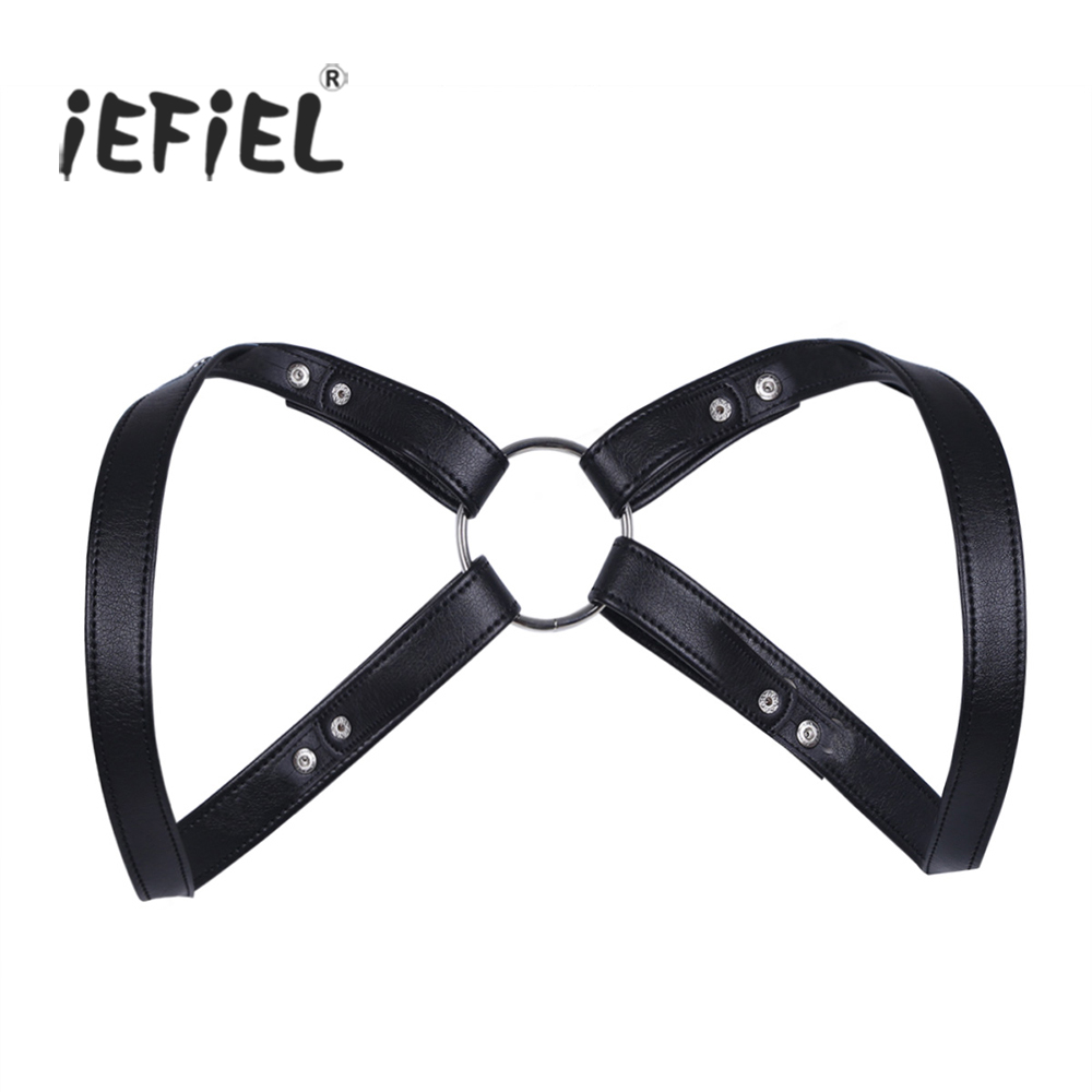 

iEFiEL Fashion Sexy Men Lingerie Faux Leather Adjustable Body Chest Harness Bondage Costume with Press Buttons, Black