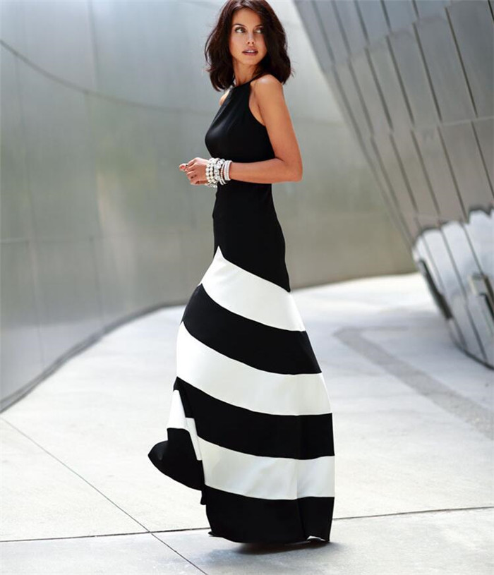 

10pcs Black and white striped maxi dress womens backless dress summer dresses formal dresses Stripes Long Maxi Evening dress M167, As picture show