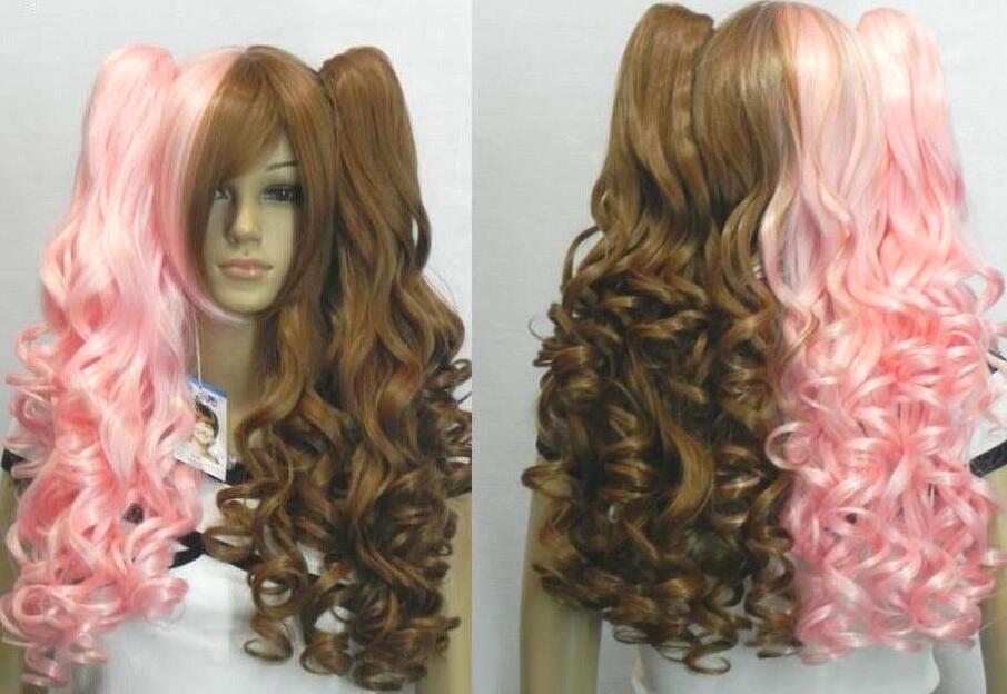 

New Brown Mix Pink Clip on 2 Ponytails Curly Cosplay Women's Hair Wig Wigs + Cap