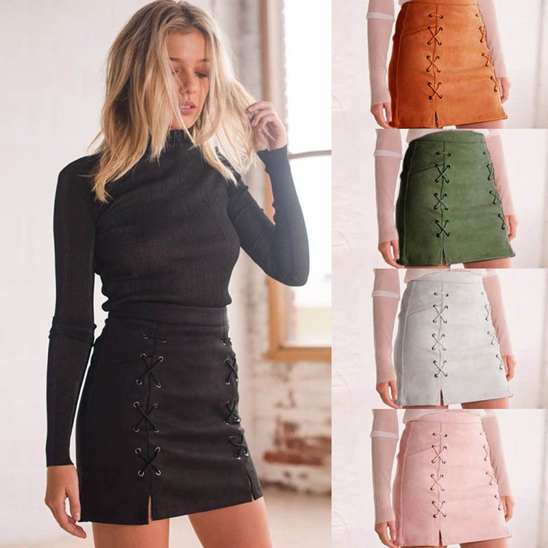 

Wholesale- Women Leather Suede Pencil Skirt Black Mini Skirt 2017 Summer High Waist Short Bodycon Lace Up Skirts Sexy Split Skirts DP939225, Pink