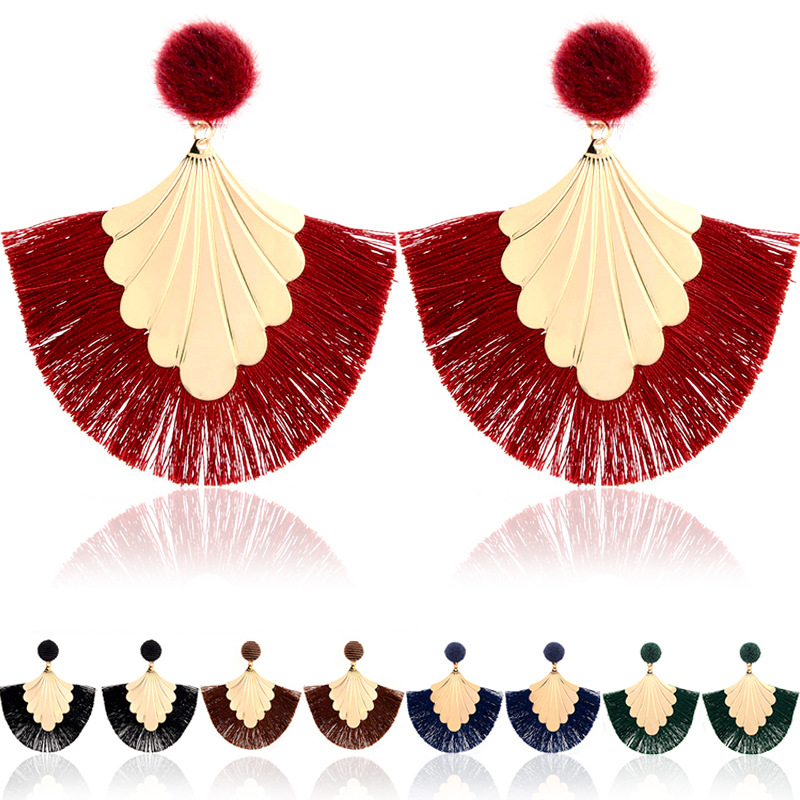

Vintage Long Tassel sector Earrings Bohe Punk Ethnic Fashion Multicolor Cotton Thread Big Fan Shape Fringe Earrings For Women Jewelry