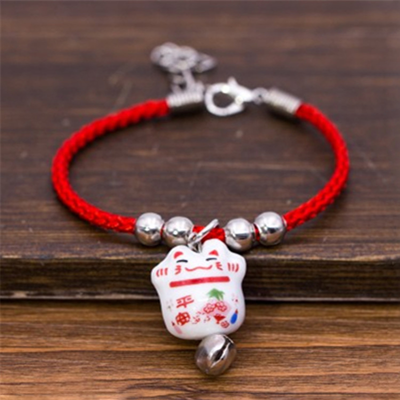 Nouveau Chanceux Mignon Chat Perles En Céramique Bracelet Sûr Bracelet Rouge Corde Bracelet À La Main De Mode Bijoux Bijoux Longueur Réglable