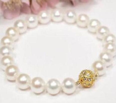 

8-9mm Round South Seas White Pearl Bracelet 7.5-8inch 14k Gold Clasp, Black