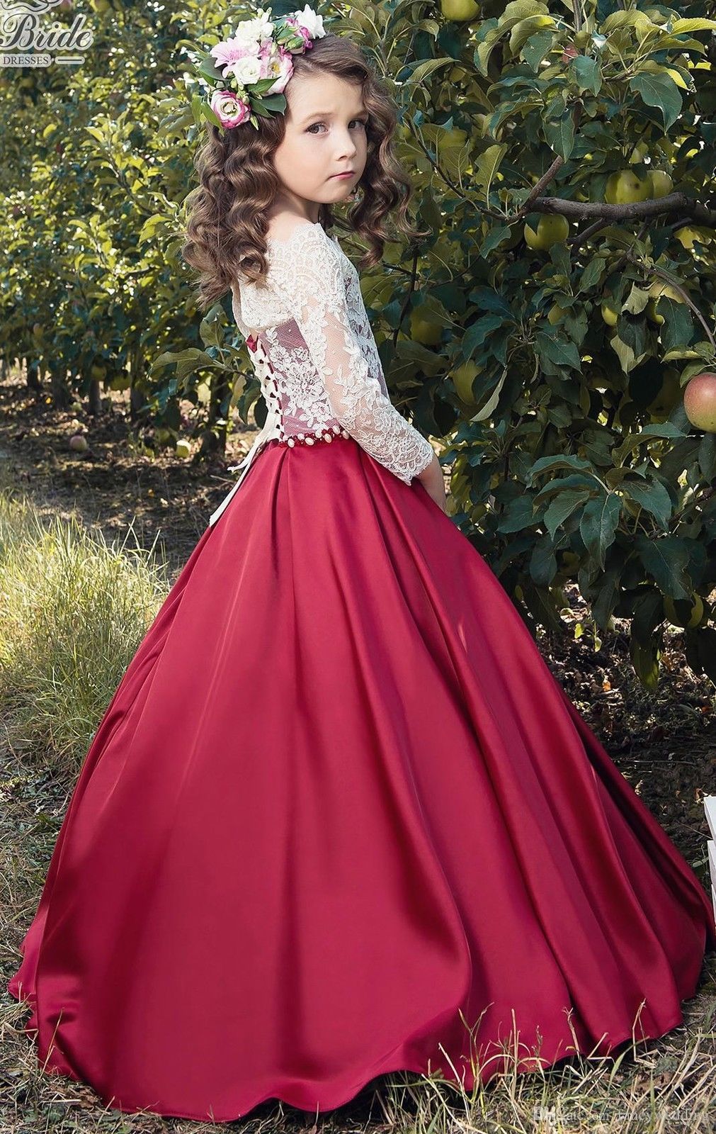 

Ball Gown Long Sleeves Flowers Girls Dresses for Weddings Lace First Communion Dress Pageant Dresses with Bow, Chocolate