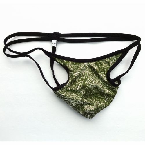 

G3214 Mens String Thong Contoured Pouch Fancy Arrow front double string waist Paisley Printed nylon spandex, Black;brown