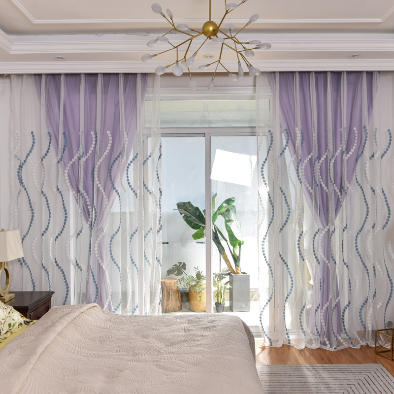 2019 Embroidered Blue Dots Sheer Fabric Striped Curtains For