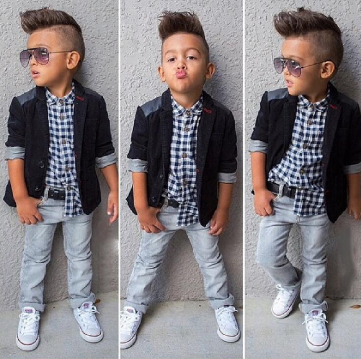 

Ins Europe Fashion Baby Boys 3pcs Clothes Set Kids Plaid Shirt + Coat + Jeans Children Outfits Clothing Suit W146, As the picture