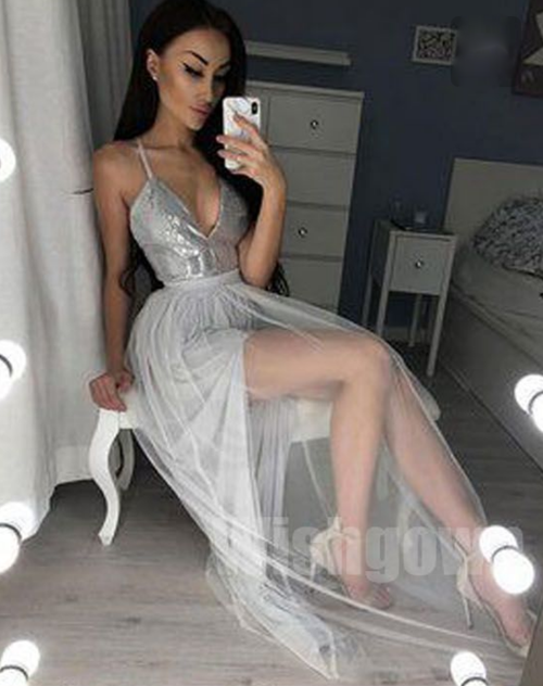 

Sexy Silver Sequins Evening Dresses Long Party Dress Side Split Floor Length Prom Dress Cheap, Royal blue