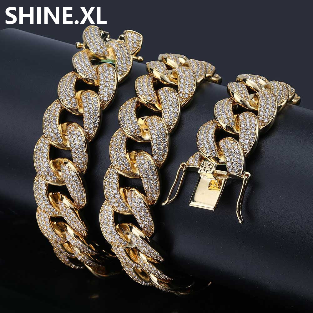 18MM 14K Gold Miami Cuban Necklace Iced Out Zircon Gold Silver Color Plated Mens Cuban Chain Link Necklace 18"22"