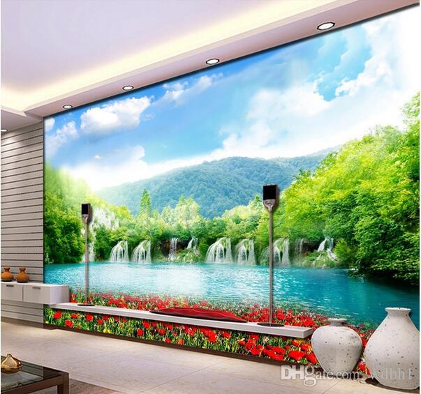 

3d wallpaper custom photo Mountain waterfall beautiful scenery flowers tv background wall living room 3d wall muals wall paper for walls 3 d, Pictures show