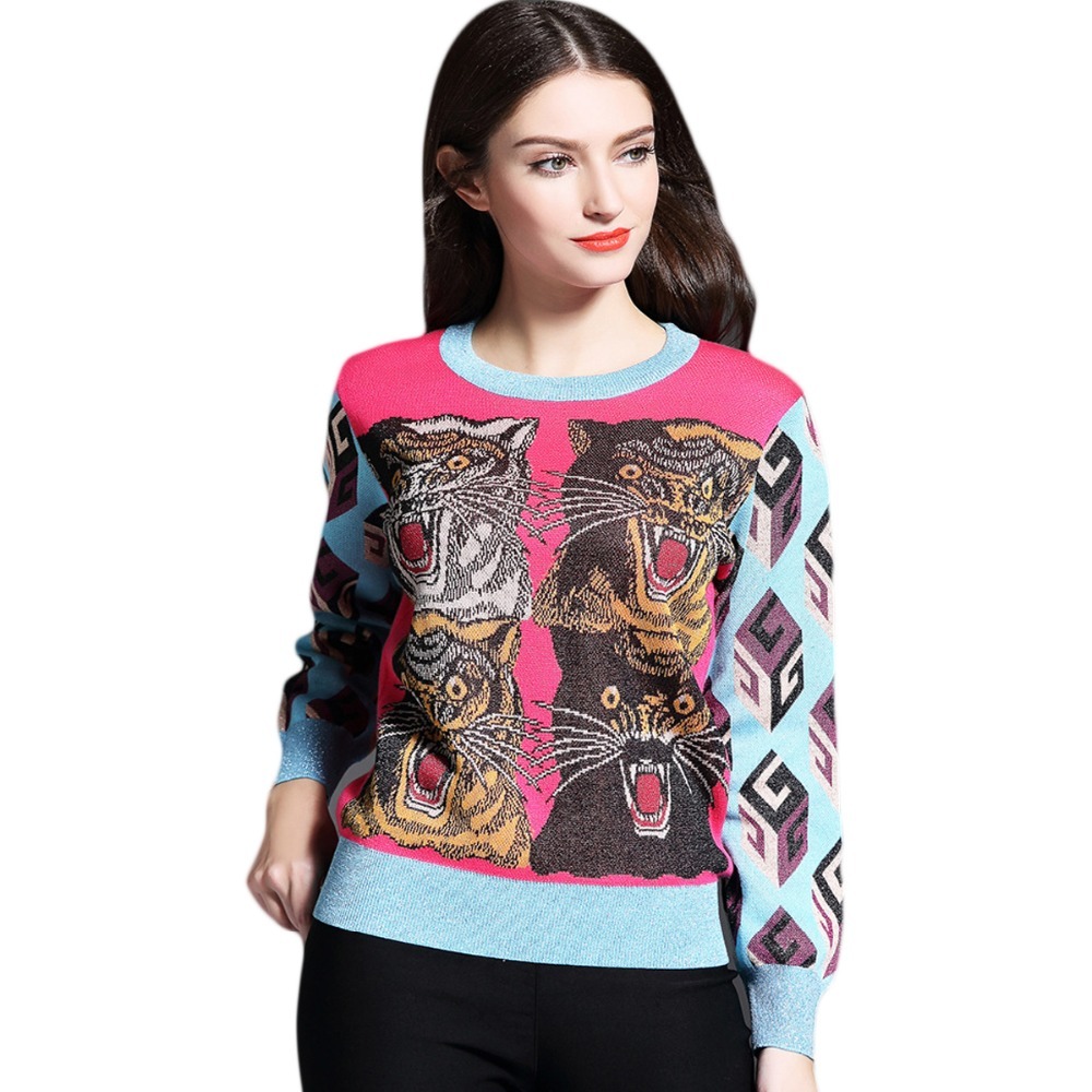 

Brand Winter Tiger Sweater Women Patchwork Knitted Sweaters Pullovers Fashion Long Sleeve O-neck Warm Wool Blends Sweater Pink S118