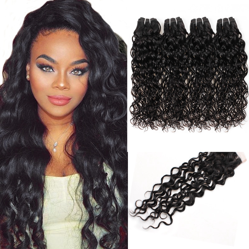 

Ishow Indian Hair Extensions Wefts 10A Brazilian Hair Human Hair Bundles With Closure Water Wave 4bundles for Women Girls All Ages Natural Color 8-28inch