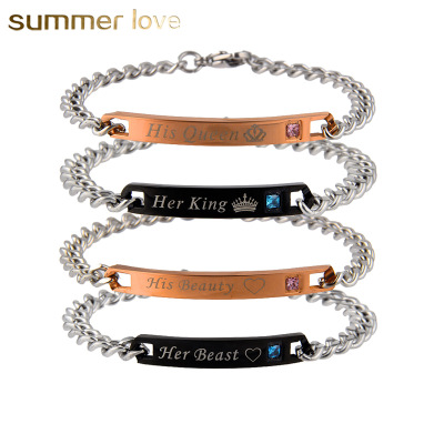 

High Quality Titanium Steel Rose Gold Black Couple Bracelet for Women Men Adjustable Size Queen & King Chain Bracelet Fashion Lover Jewelry