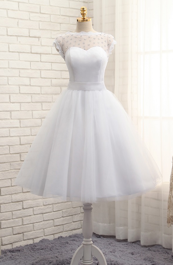 

Short Wedding Dresses Illusion Neck Princess Custom Length Tea Length Bride Gowns Casamento Robe De Mariee RLL035, White