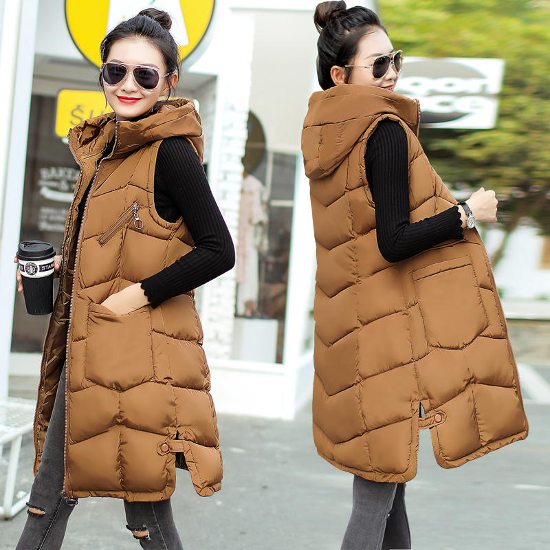 2018 automne et hiver nouveau gilet en coton pour femme, plus longue version coréenne de la veste à capuche en coton