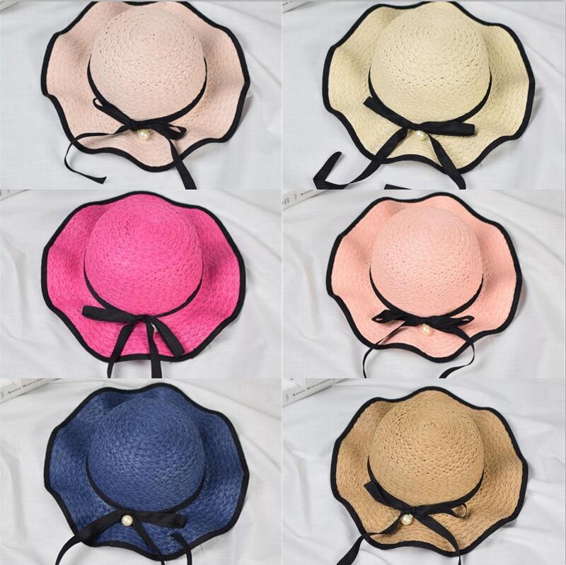 

Korean style children pearl bowknot sunhat baby wave straw hat summer kids beach sun hat caps, Mix colors