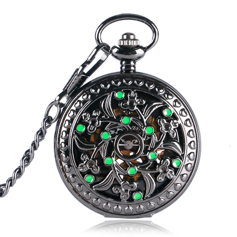 

Flower Green Ornament Mechanical Pocket Watch Steampunk Male Mechanical Hand Winding Chain Men Women Clock Pendant, As pic