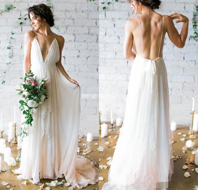 Boho Mousseline De Soie Plage Robes De Mariée 2019 Vente Chaude Nouvelle Coutume Sexy Profonde Col En V Spaghetti Strap Dos Nu Robes De Mariée Ro