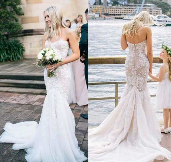 

2018 White Lace Mermaid Wedding Dresses sweetheart Sleeveless white bridal gowns wedding gowns Train Appliques Wedding Gowns Bridal Dress