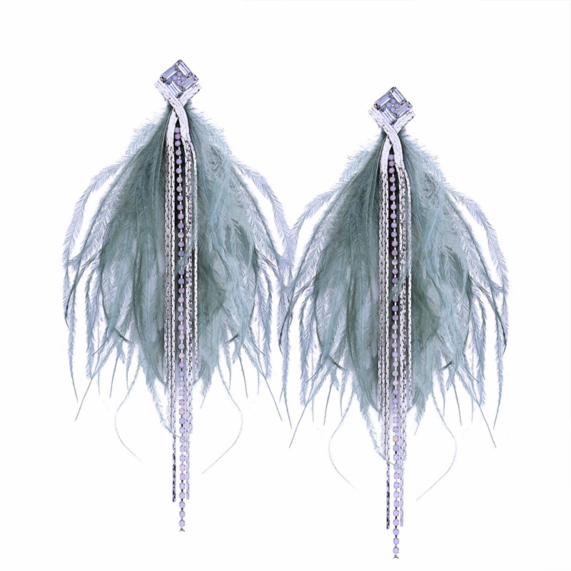 

N Bohemian Long Chain Tassel Feather Earrings For Women Fashion Dangle Drop Earrings Statement Rhiestone Earring QD