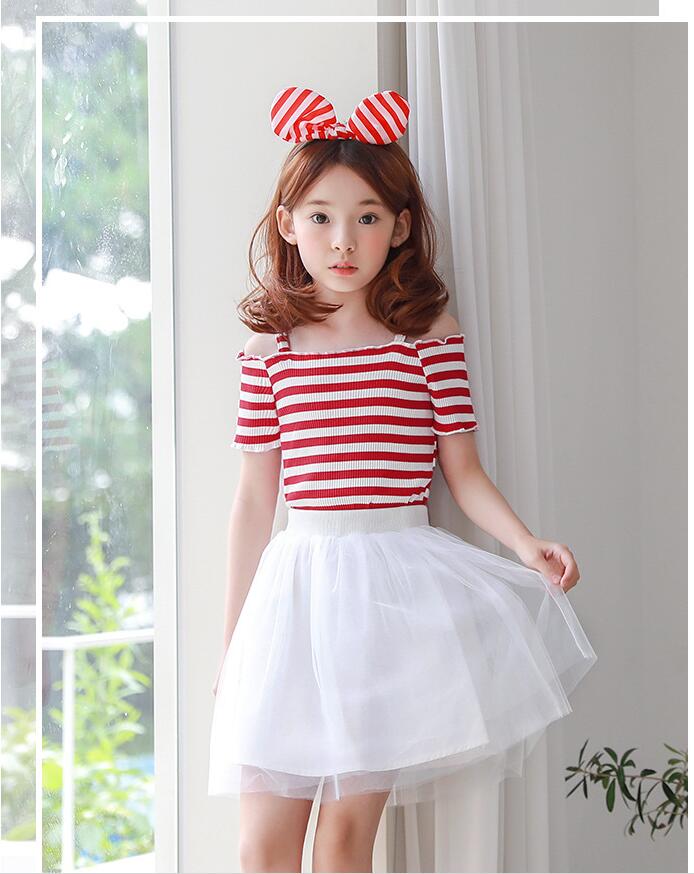 

Girl Summer Off Shoulder Striped T-Shirt Baby Cotton Tops Kids Clothing Clothes DM 013, As picture