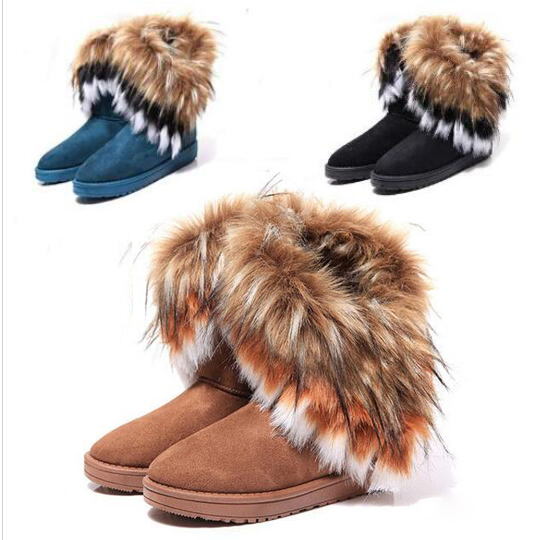 Fashion Rabbit hair and Fox Fur In tube Color matching warm snow for women & ladies Winter Ankle boots