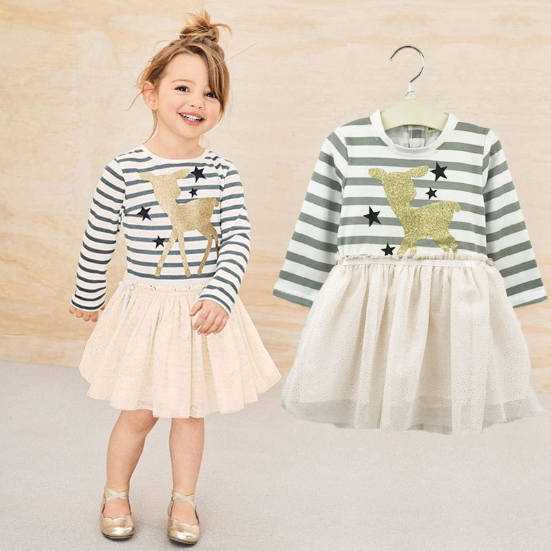 

Baby Girls Dresses Cartoon Deer Striped Long Sleeve Dresses Autumn Fashion Printed Stripe Skirt Pentacle Gauze Dresses, As photo