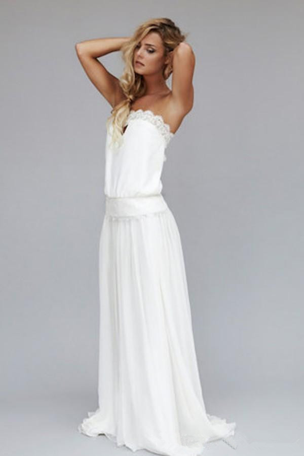 Beach Chiffon Wedding Dresses 2019 Hot Selling New Custom Made Sweep Train Simple Style Strapless Backless Bohemian Lace Bridal Gowns W002