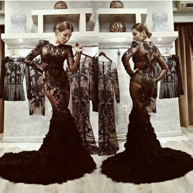 

Evening dress Yousef aljasmi Kim kardashian Long sleeve Appliqued Sheer Feather Mermaid Black Almoda gianninaazar ZuhLair murad Ziadnakad a6, Picture color