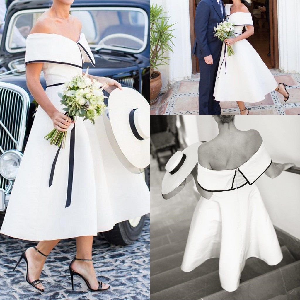 

Black and White Wedding Dress vintage retro Tea Length Off the Shoulder Simple Satin A-Line Short country Bridal Gowns