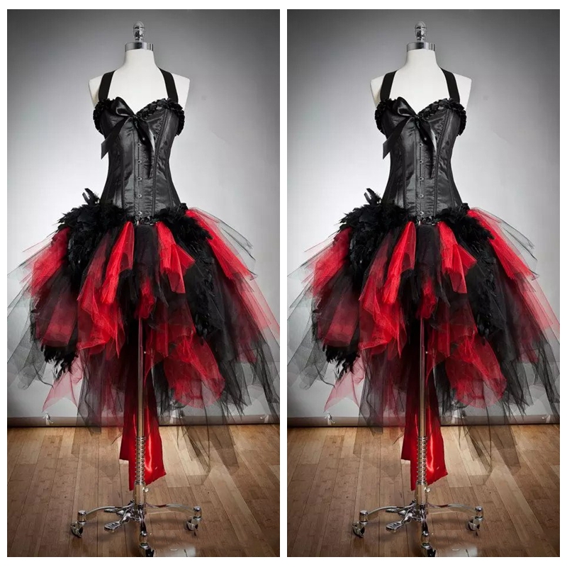 

2022 Halter Slim Ball Gown Tulle Gothic Red and Black Corset Prom Dresses Custom Size Fur and Tulle Burlesque Hi Lo Special Party Dress, Same as image