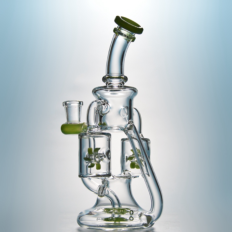 

Double Recycler Propeller Percolater Hookahs Glass Bong 2 Colors Green Purple Water Pipe Unique Dab Oil Rigs with Bowl XL167